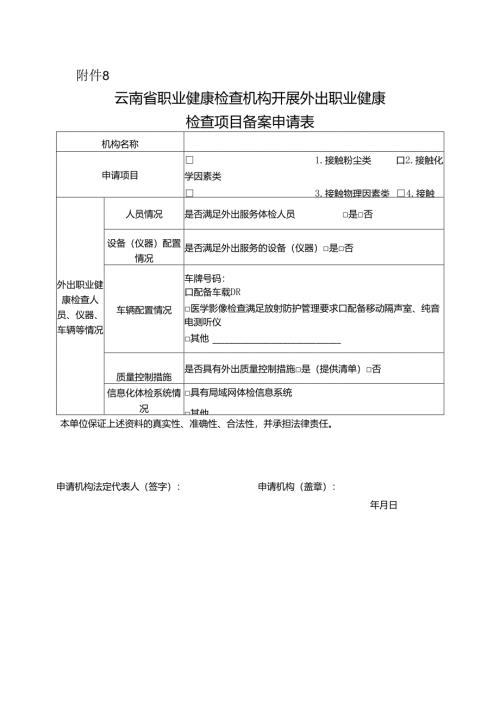 云南省职业健康检查机构开展外出职业健康检查项目备案申请表.docx