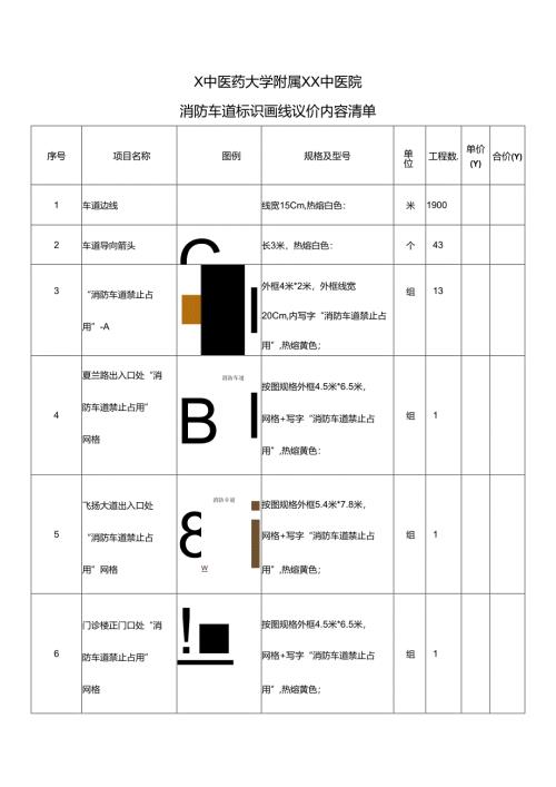 X中医药大学附属XX中医院消防车道标识画线议价内容清单（2024年）.docx