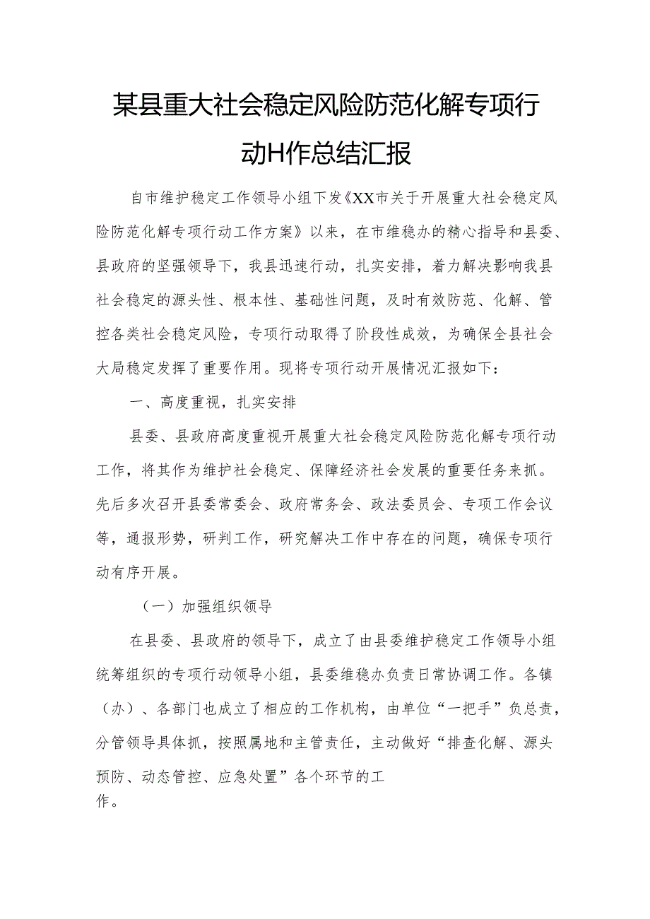 某县重大社会稳定风险防范化解专项行动工作总结汇报2.docx_第1页