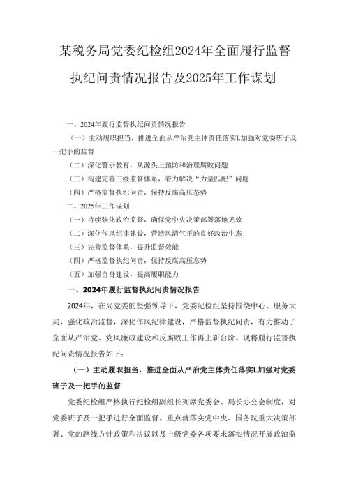 X税务局党委纪检组2024年全面履行监督执纪问责情况报告及2025年工作谋划.docx