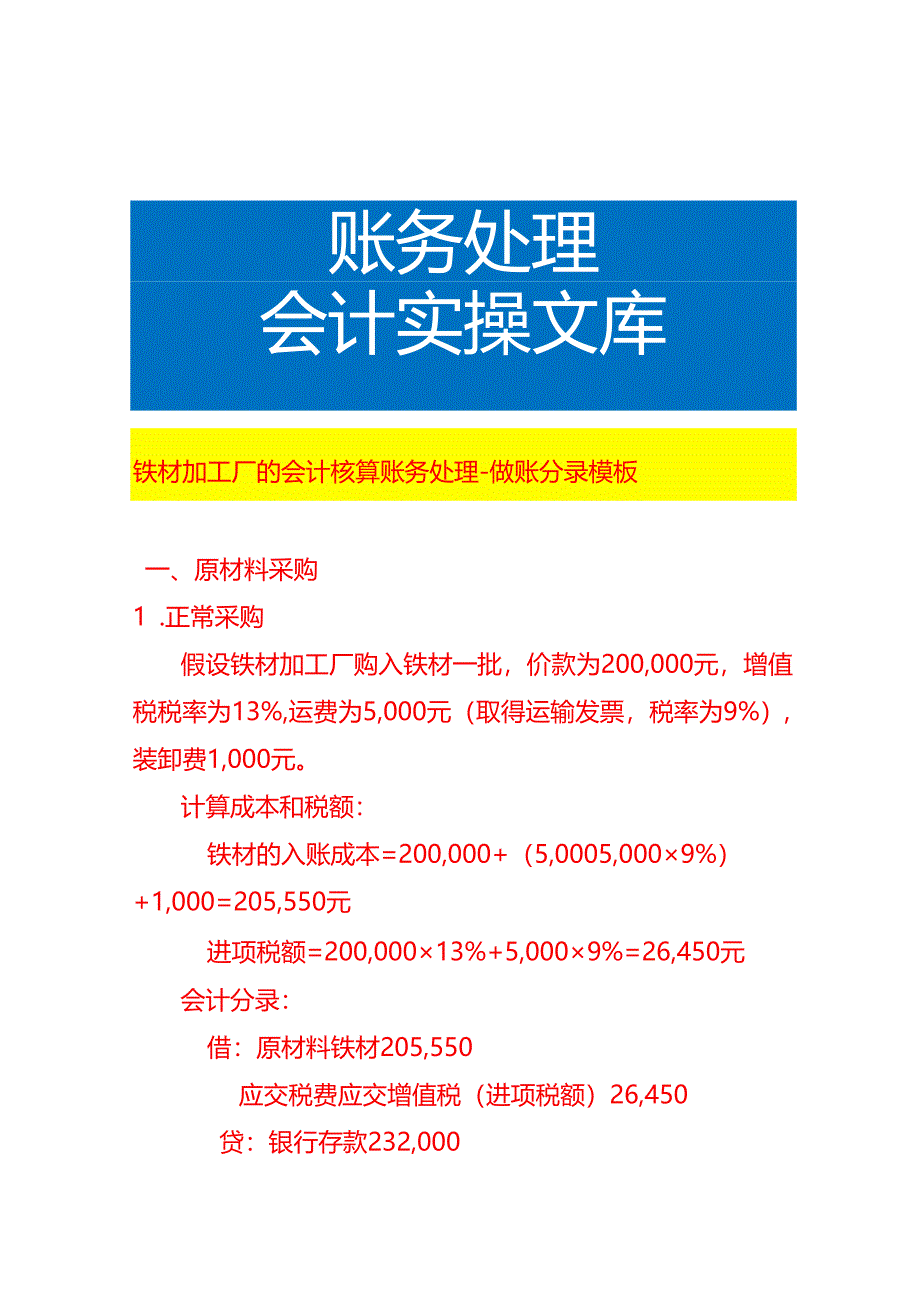 铁材加工厂的会计核算账务处理-做账分录模板.docx_第1页