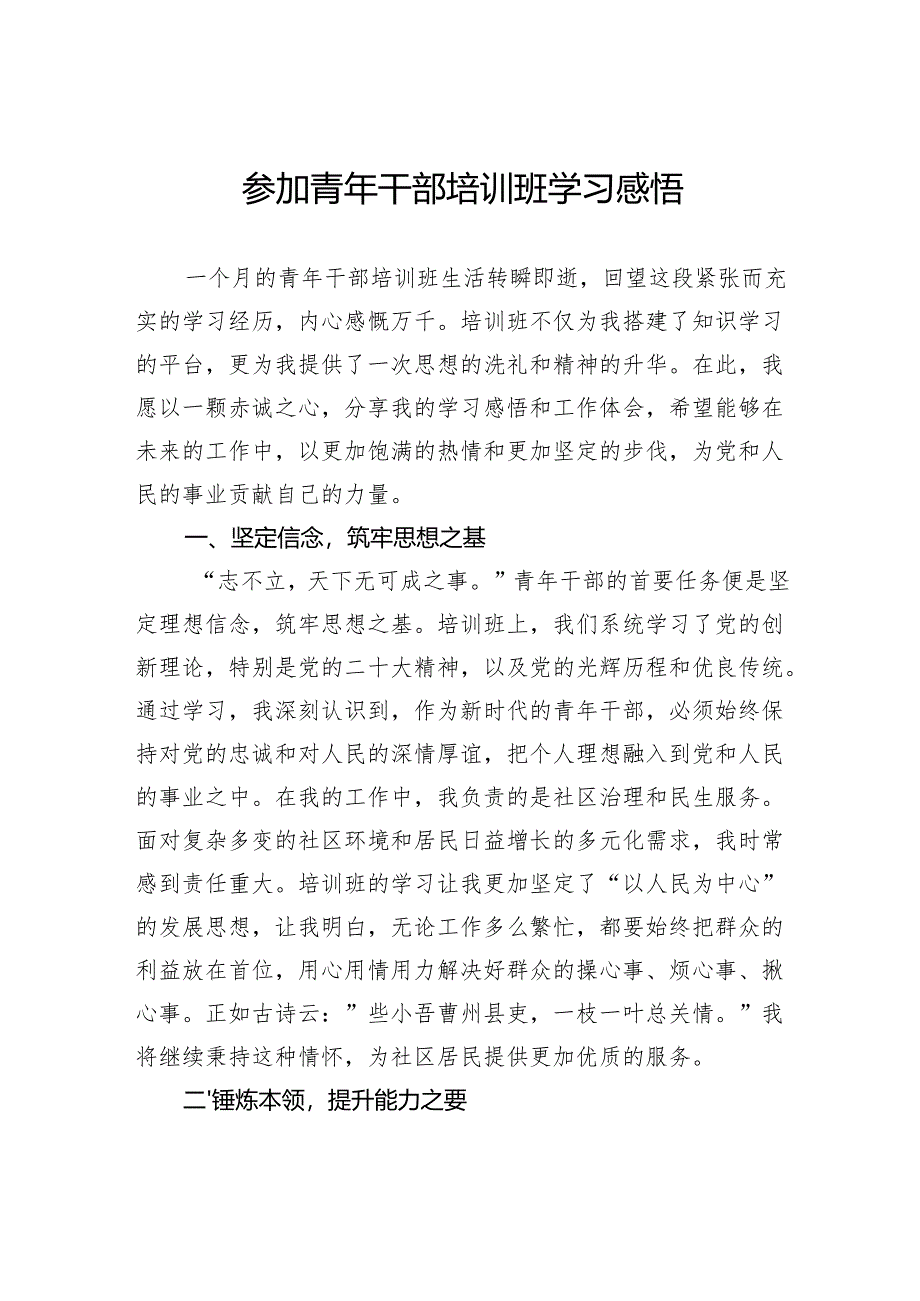 参加青年干部培训班学习感悟.docx_第1页