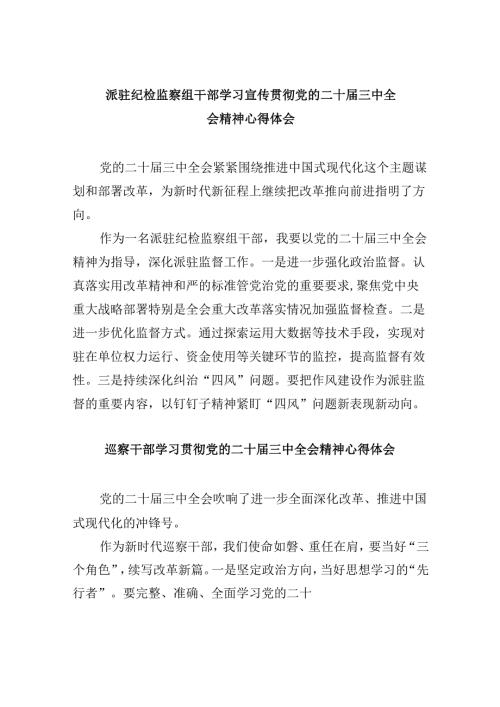 派驻纪检监察组干部学习宣传贯彻党的二十届三中全会精神心得体会5篇（精选版）.docx