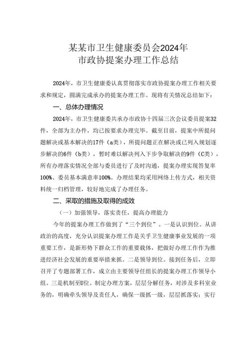 某某市卫生健康委员会2024年市政协提案办理工作总结.docx