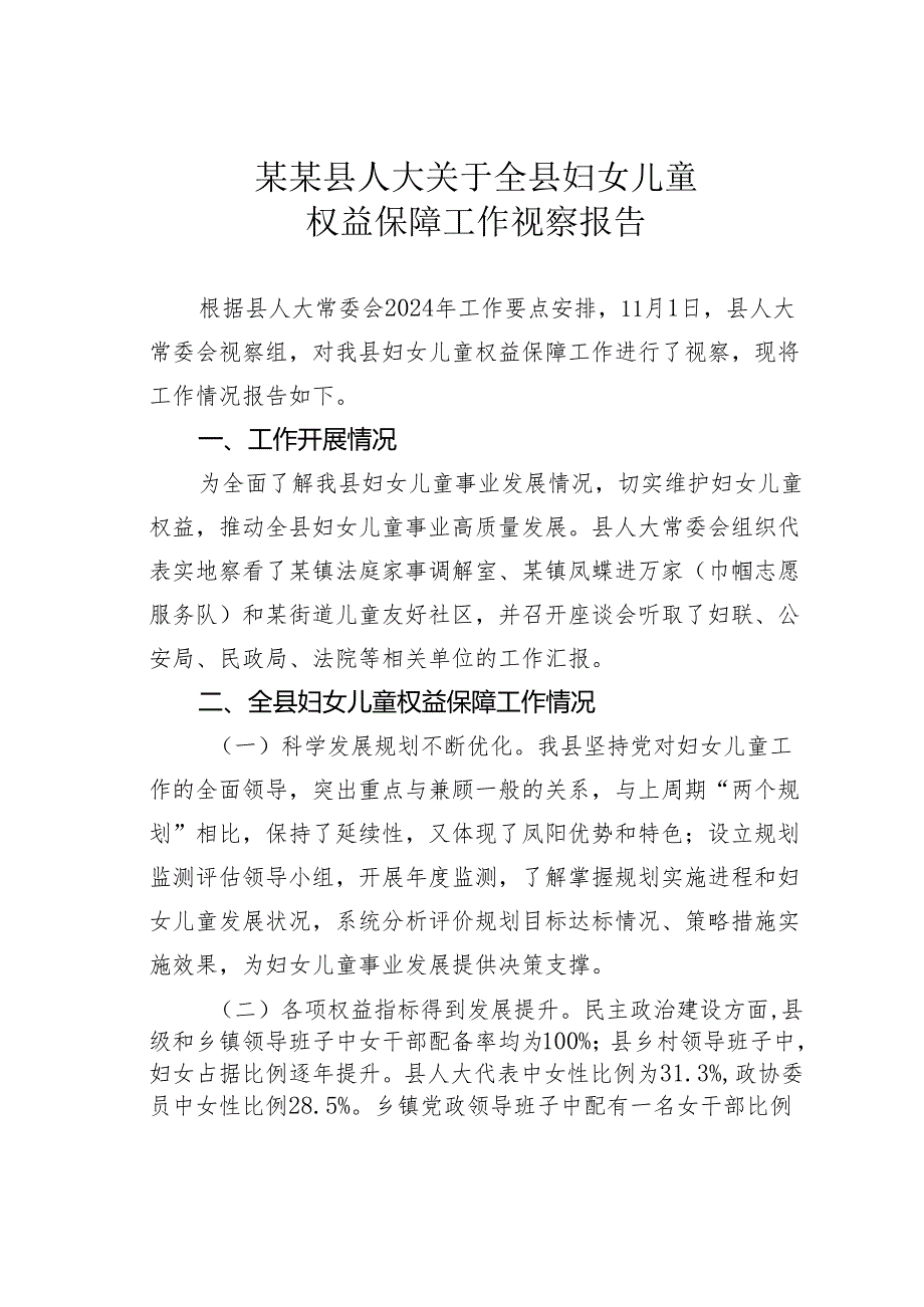 某某县人大关于全县妇女儿童权益保障工作视察报告.docx_第1页