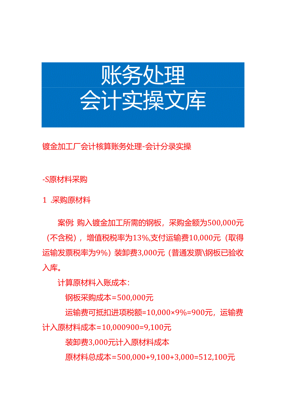 钣金加工厂会计核算账务处理-会计分录实操.docx_第1页