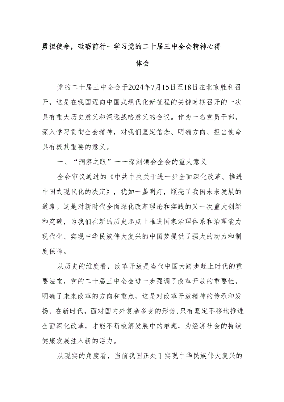 勇担使命砥砺前行——学习党的二十届三中全会精神心得体会.docx_第1页