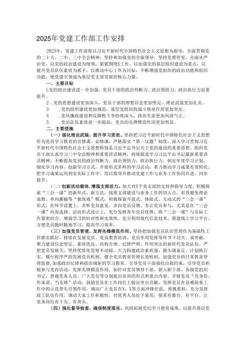 2025年党建工作部工作安排.docx