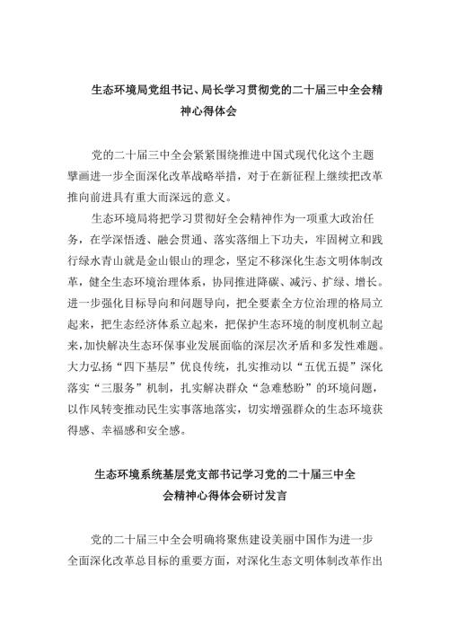 生态环境局党组书记、局长学习贯彻党的二十届三中全会精神心得体会8篇（最新版）.docx