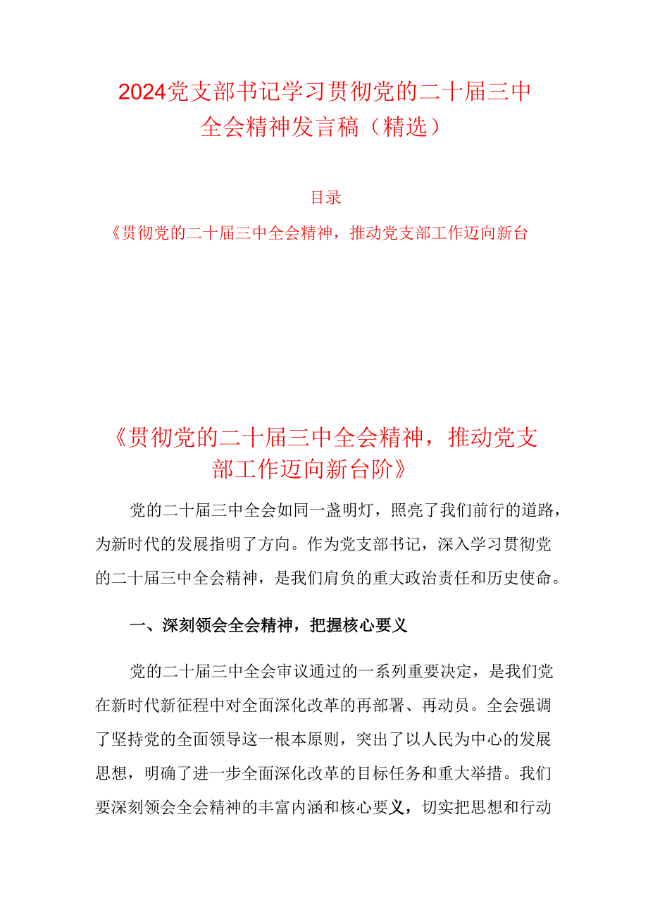 2024党支部书记学习贯彻党的二十届三中全会精神发言稿.docx_第1页