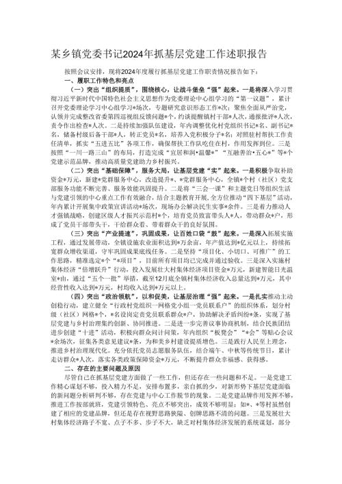 某乡镇党委书记2024年抓基层党建工作述职报告.docx