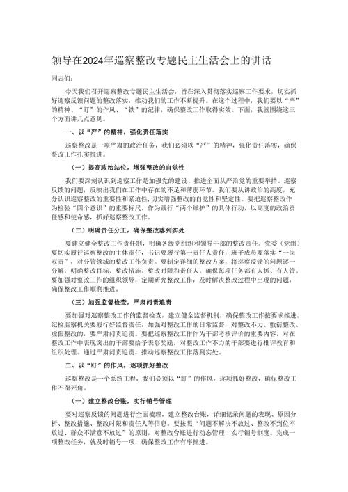 领导在2024年巡察整改专题民主生活会上的讲话.docx