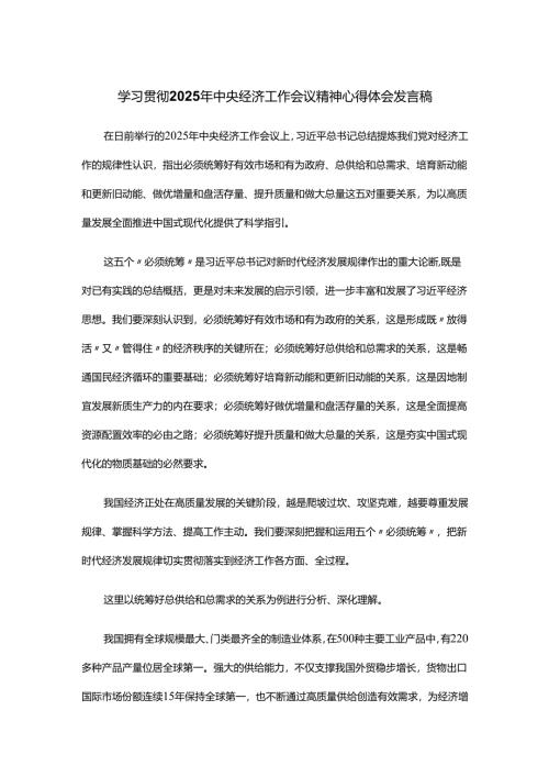 学习贯彻2025年中央经济工作会议精神心得体会发言稿.docx