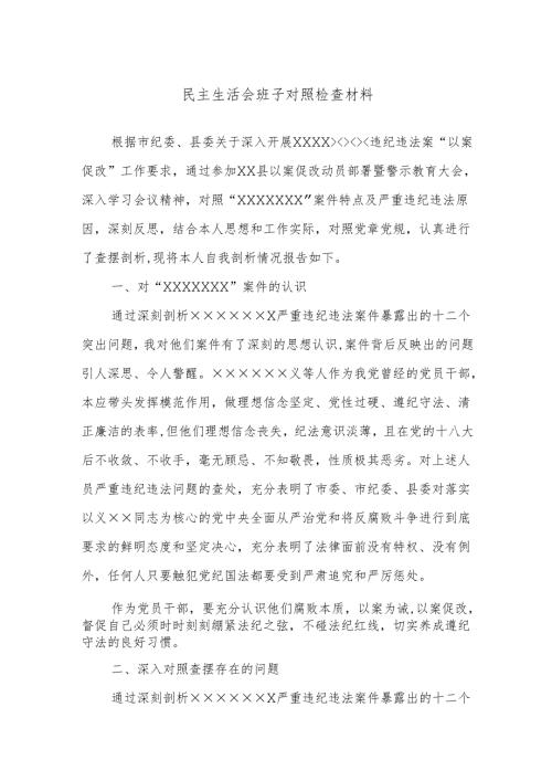 民主生活会班子对照检查材料.docx