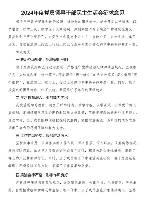 2024年度党员领导干部民主生活会征求意见.docx