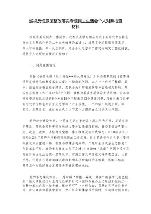 巡视反馈意见整改落实专题民主生活会个人对照检查材料.docx
