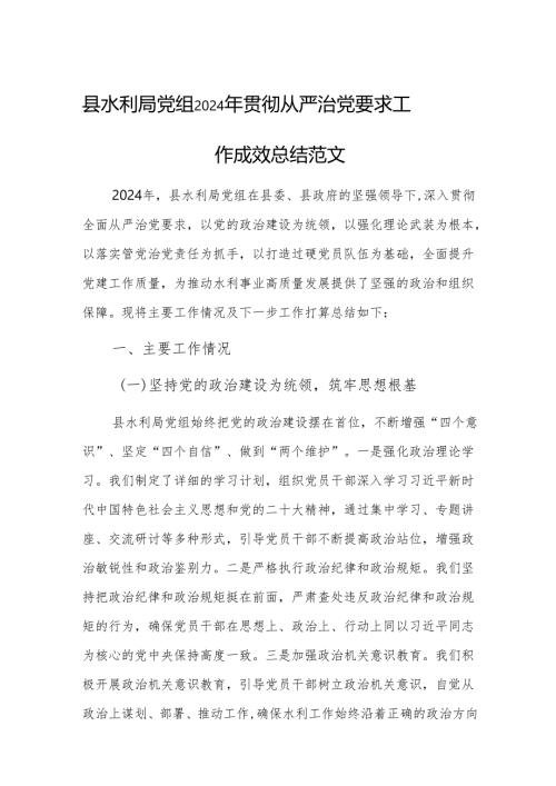 水利党组2024年贯彻从严治党要求工作成效总结范文.docx