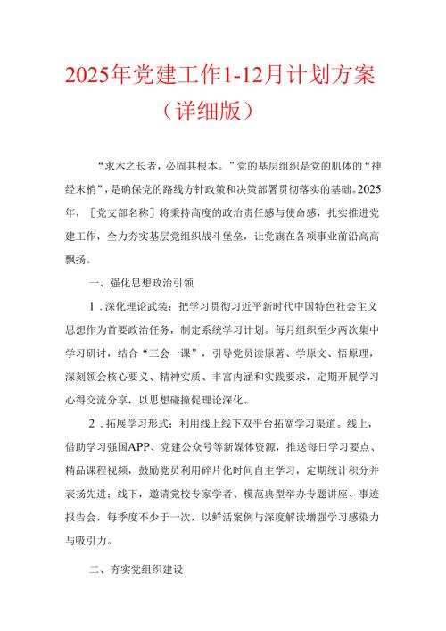 2025年党建工作1-12月计划方案（详细版）.docx
