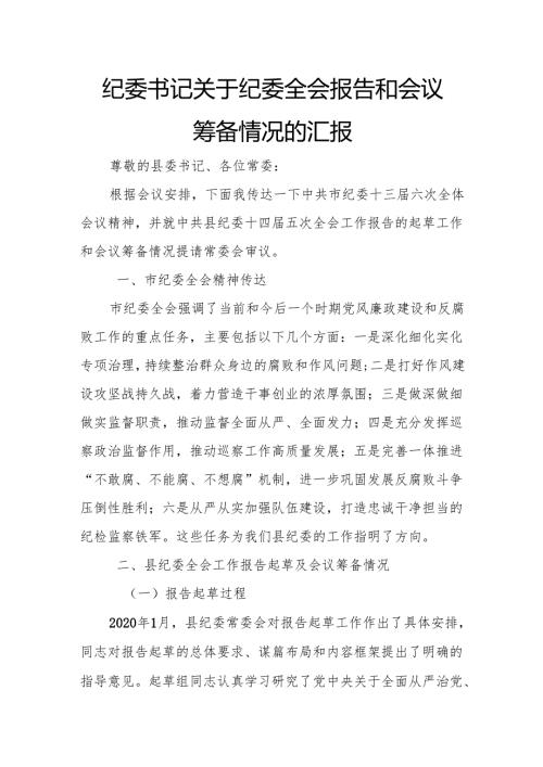纪委书记关于纪委全会报告和会议筹备情况的汇报.docx