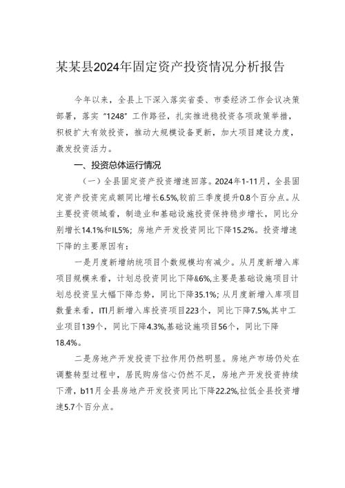 某某县2024年固定资产投资情况分析报告.docx