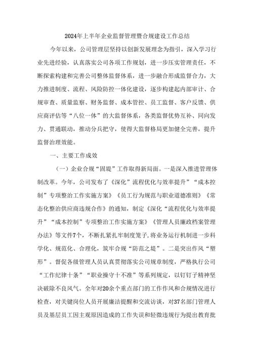 2024 年上半年公司企业监督管理暨合规建设工作总结.docx