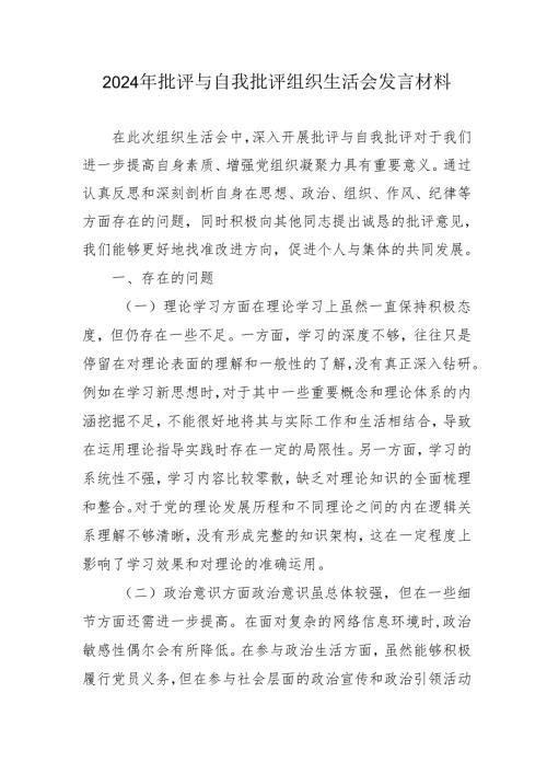 2024年批评与自我批评组织生活会发言材料1_1.docx