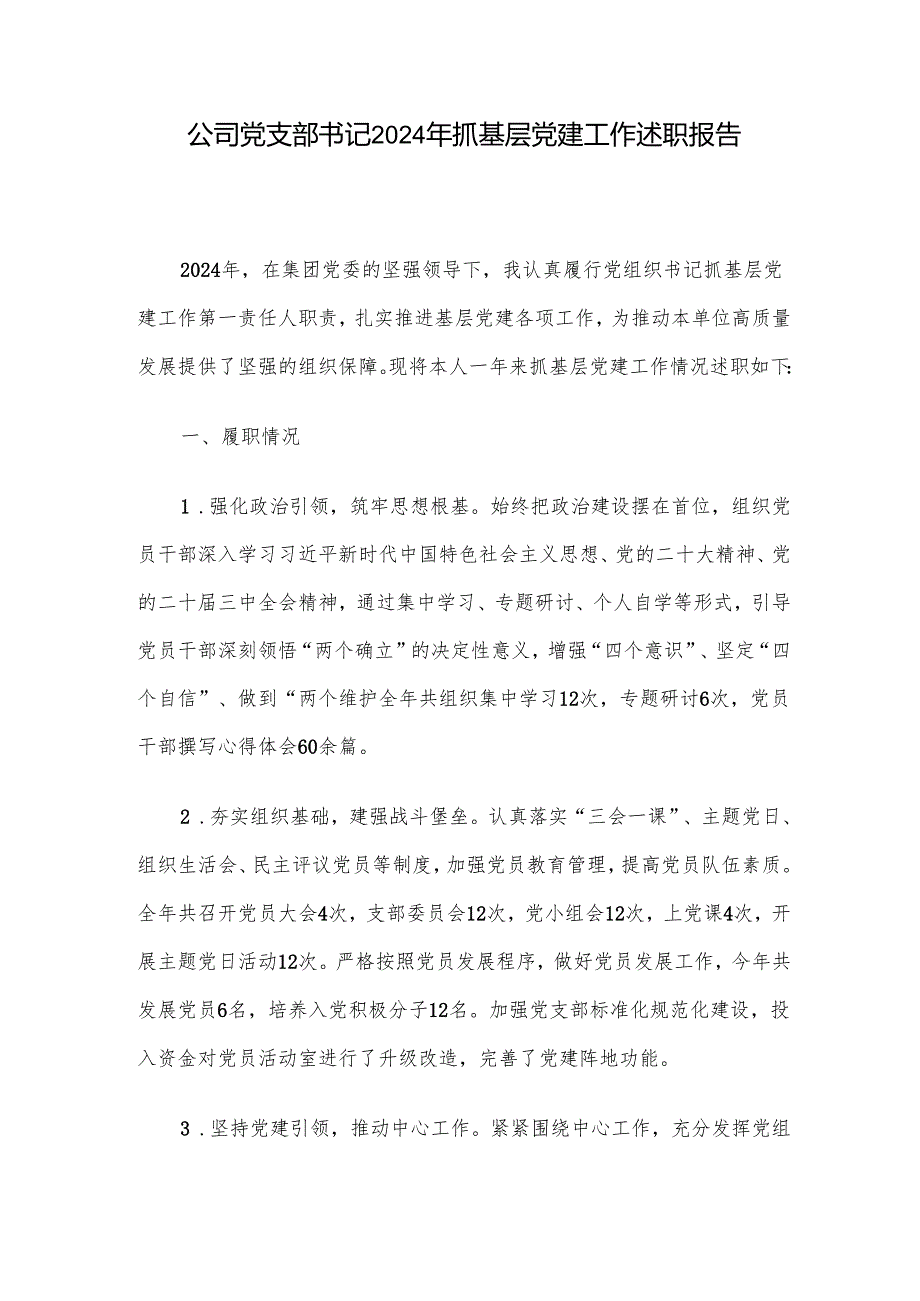 公司党支部书记2024年抓基层党建工作述职报告.docx_第1页