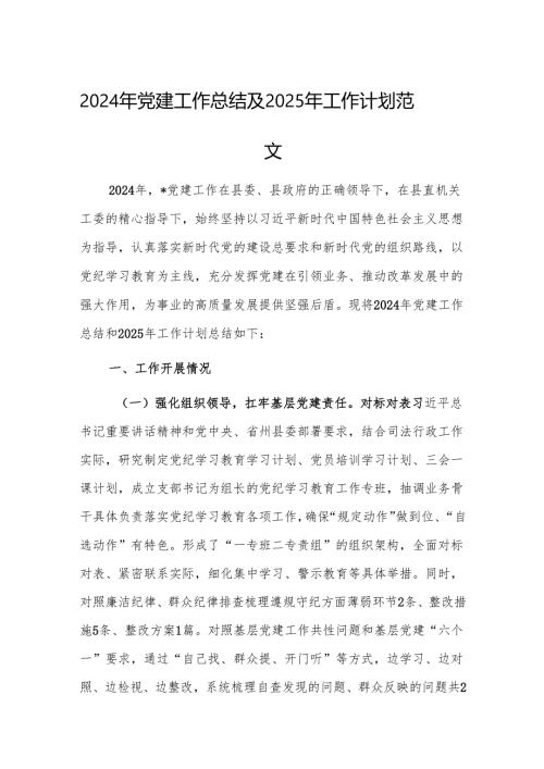 2024年党建工作总结及2025年工作计划范文.docx