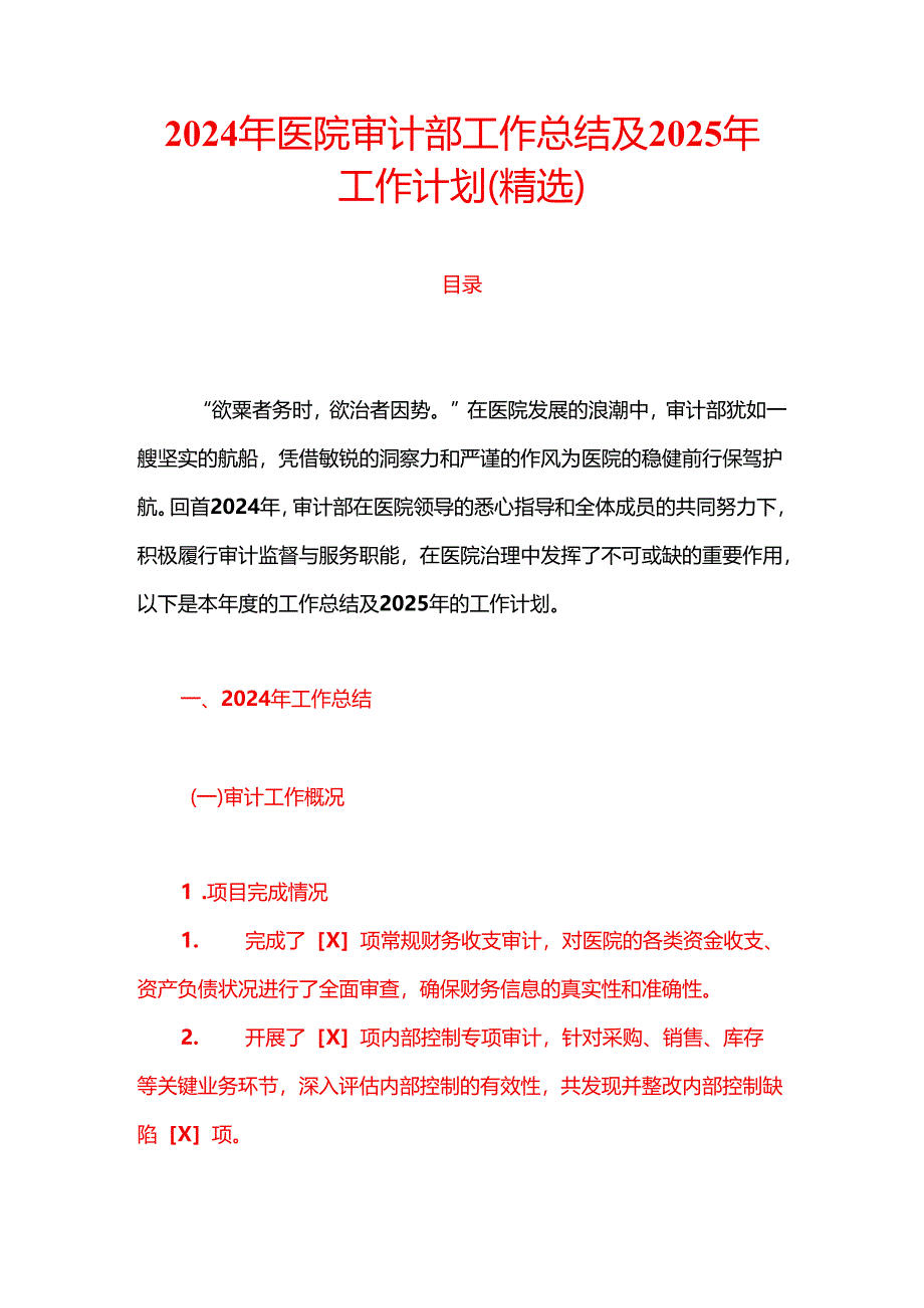 2024年医院审计部工作总结及2025年工作计划（精选）.docx_第1页