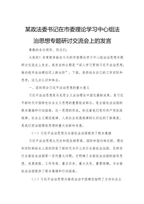 某政法委书记在市委理论学习中心组法治思想专题研讨交流会上的发言.docx