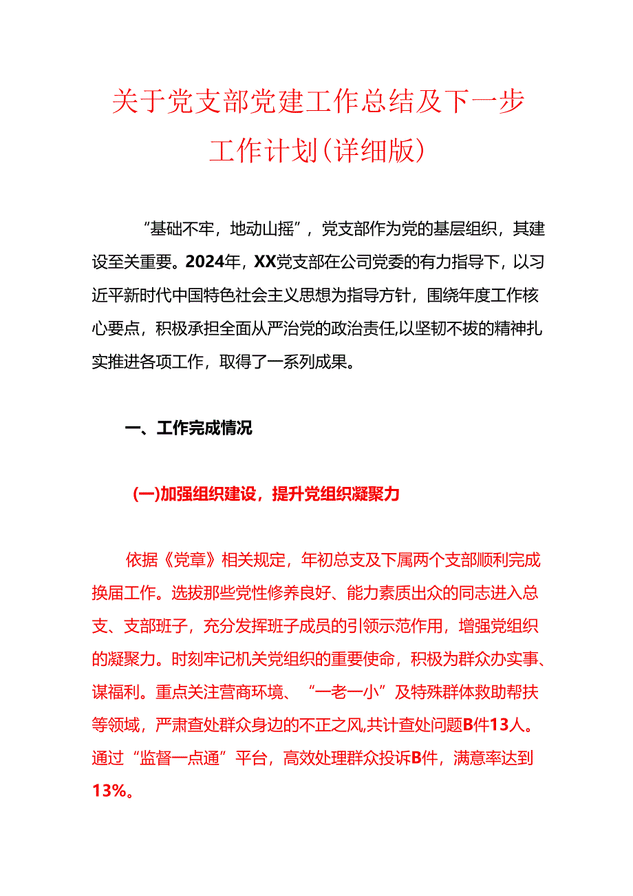关于党支部党建工作总结及下一步工作计划（详细版）.docx_第1页