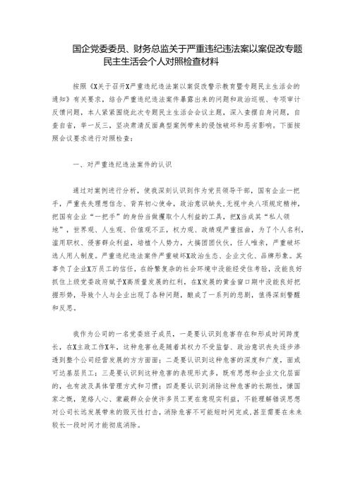 国企党委委员、财务总监关于严重违纪违法案以案促改专题民主生活会个人对照检查材料.docx