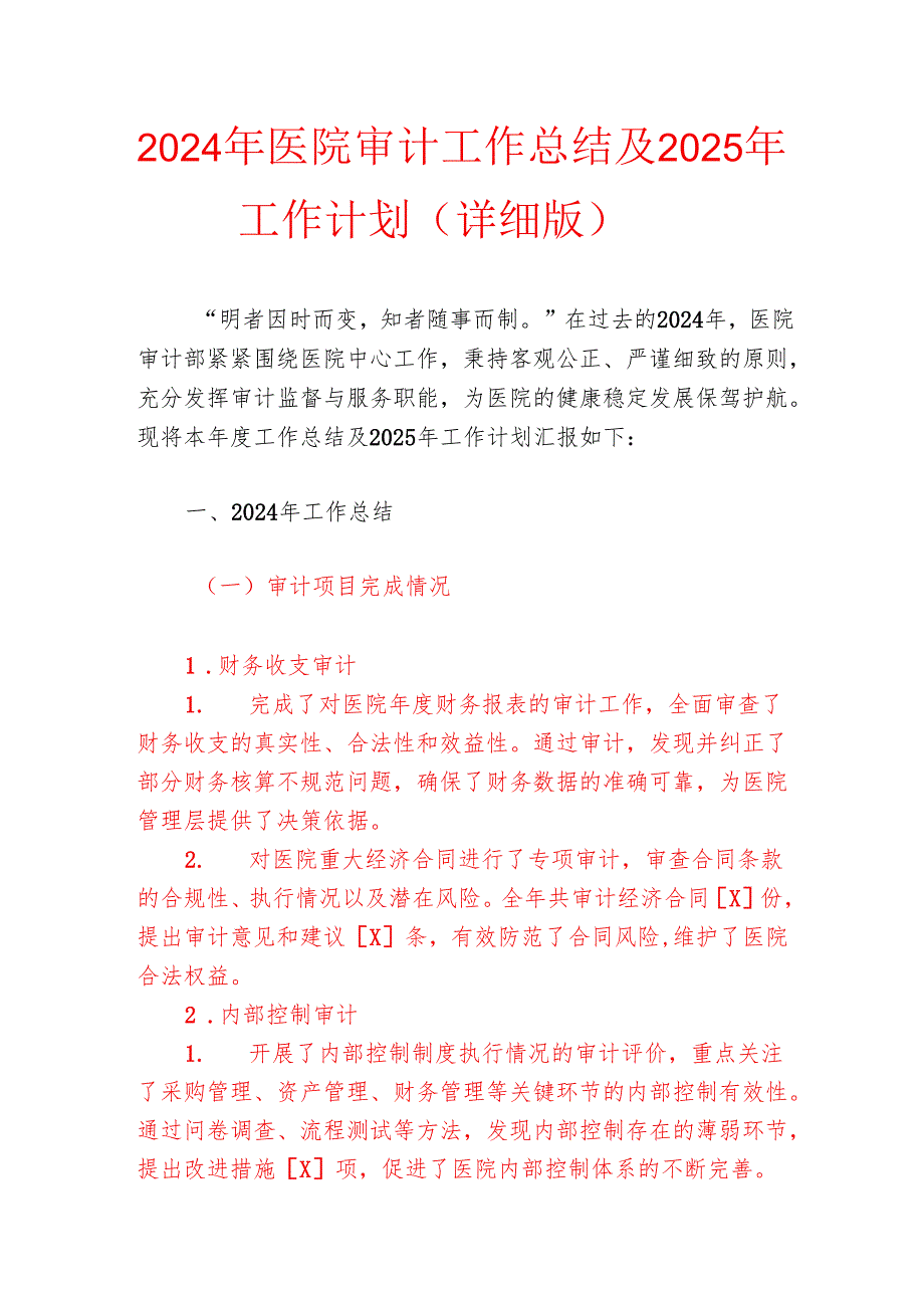 2024年医院审计工作总结及2025年工作计划（详细版）.docx_第1页