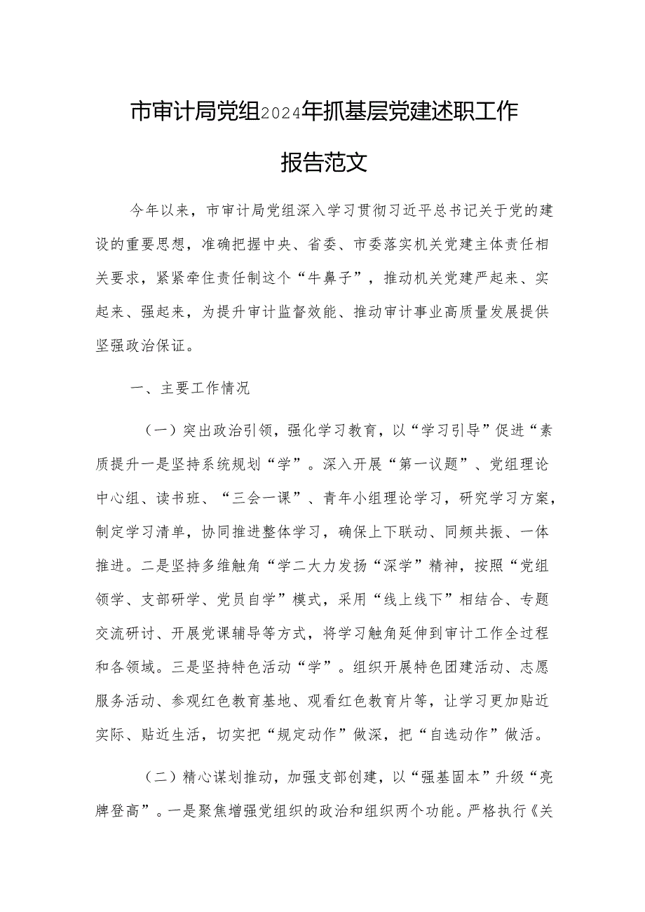审计机关党组2024年抓基层党建述职工作报告范文.docx_第1页
