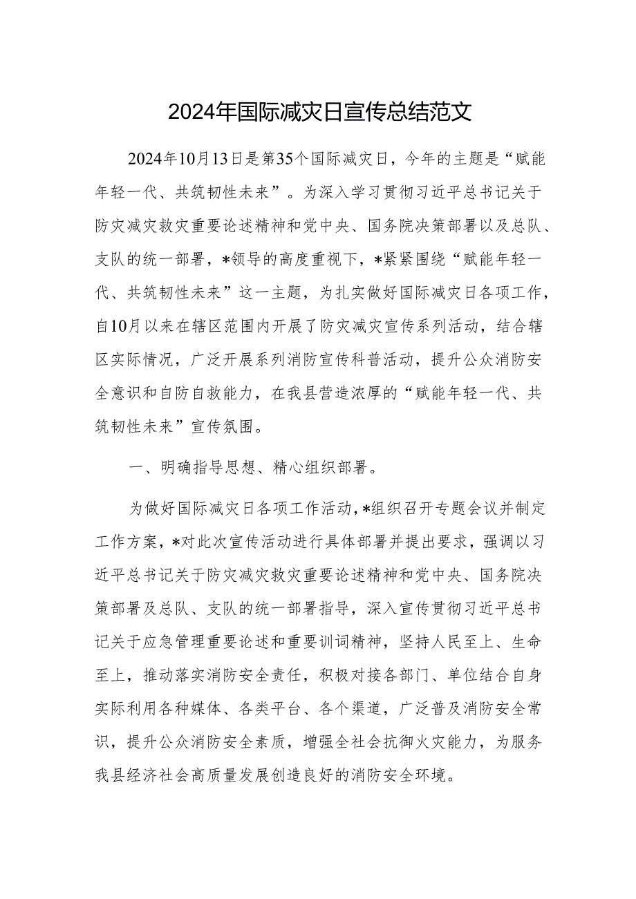 2024年国际减灾日宣传总结范文.docx_第1页