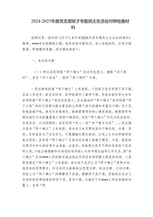 2024-2025年度党支部班子专题民主生活会对照检查材料.docx