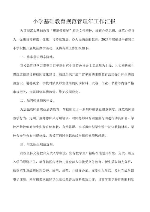 小学基础教育规范管理年工作汇报.docx