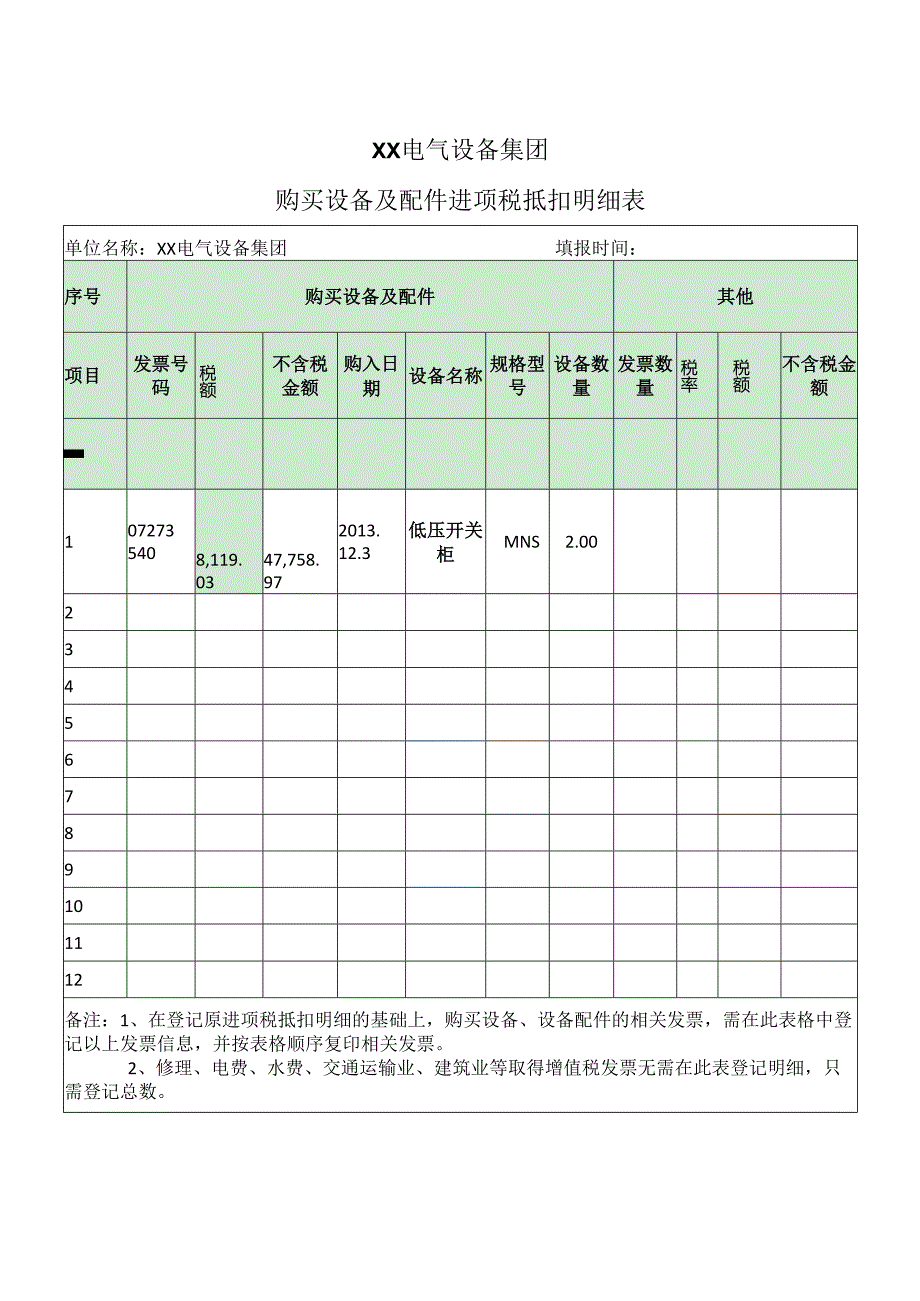 XX电气设备集团购买设备及配件进项税抵扣明细表（2024年）.docx_第1页
