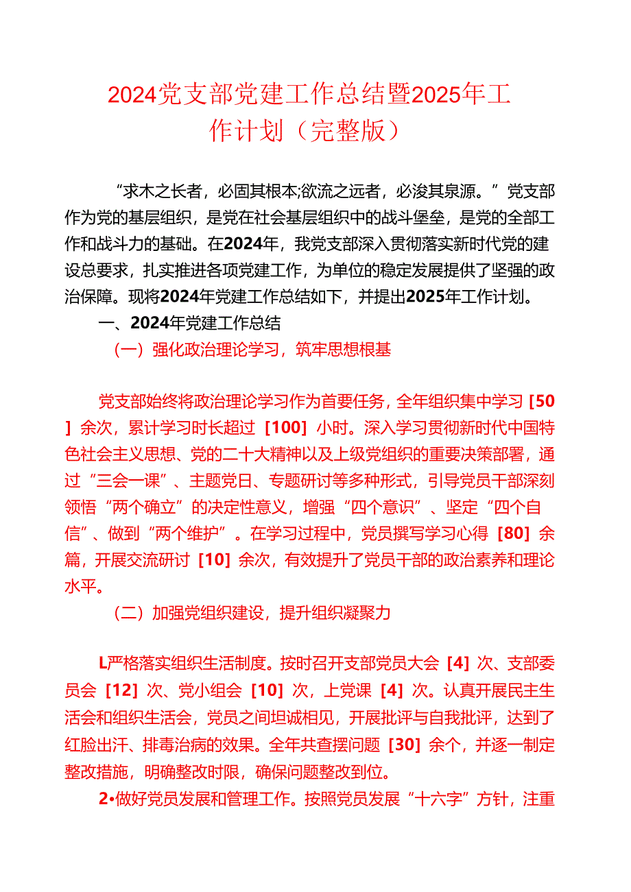 2024党支部党建工作总结暨2025年工作计划（完整版）.docx_第1页