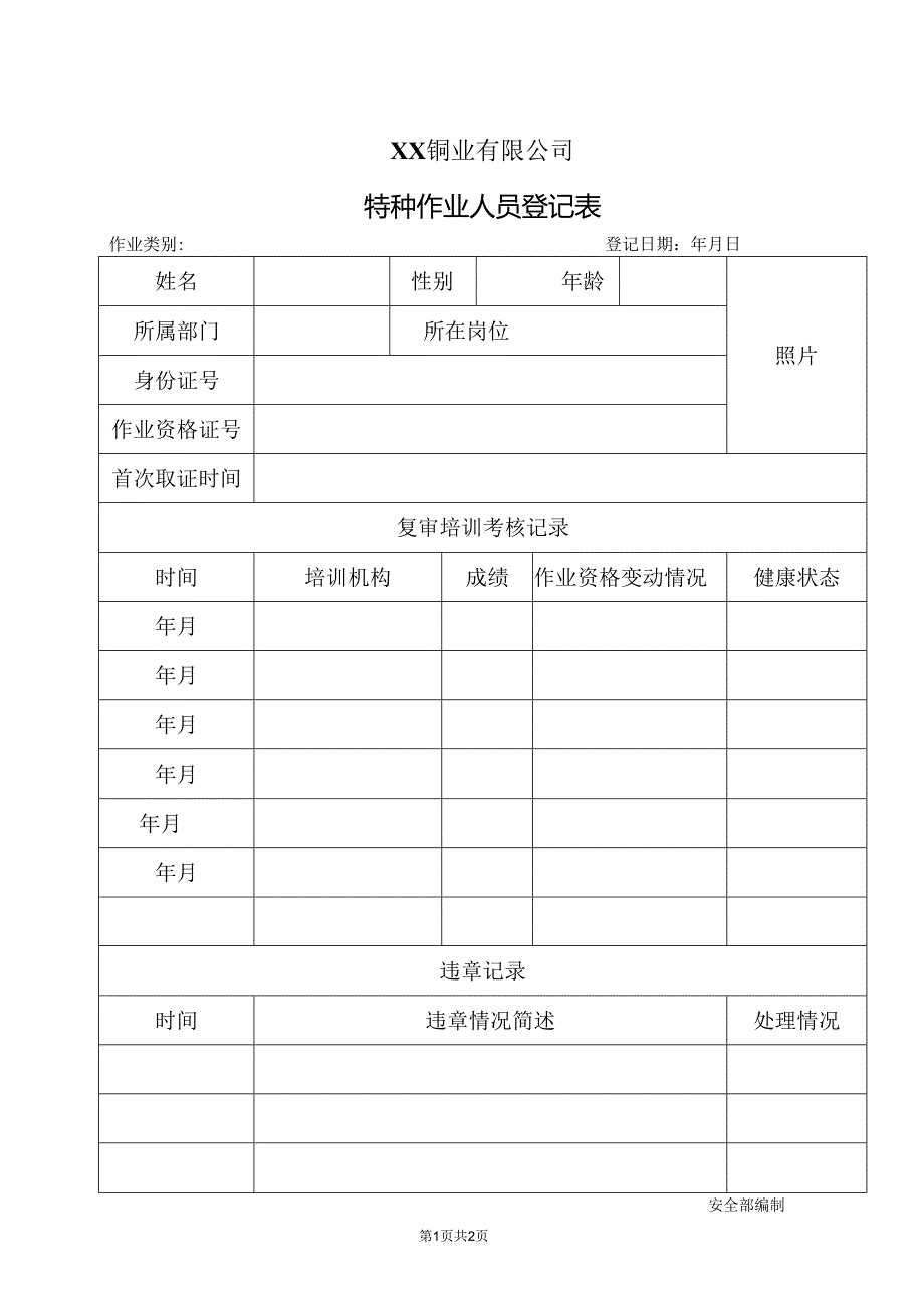 XX铜业有限公司特种作业人员登记表（2024年）.docx_第1页