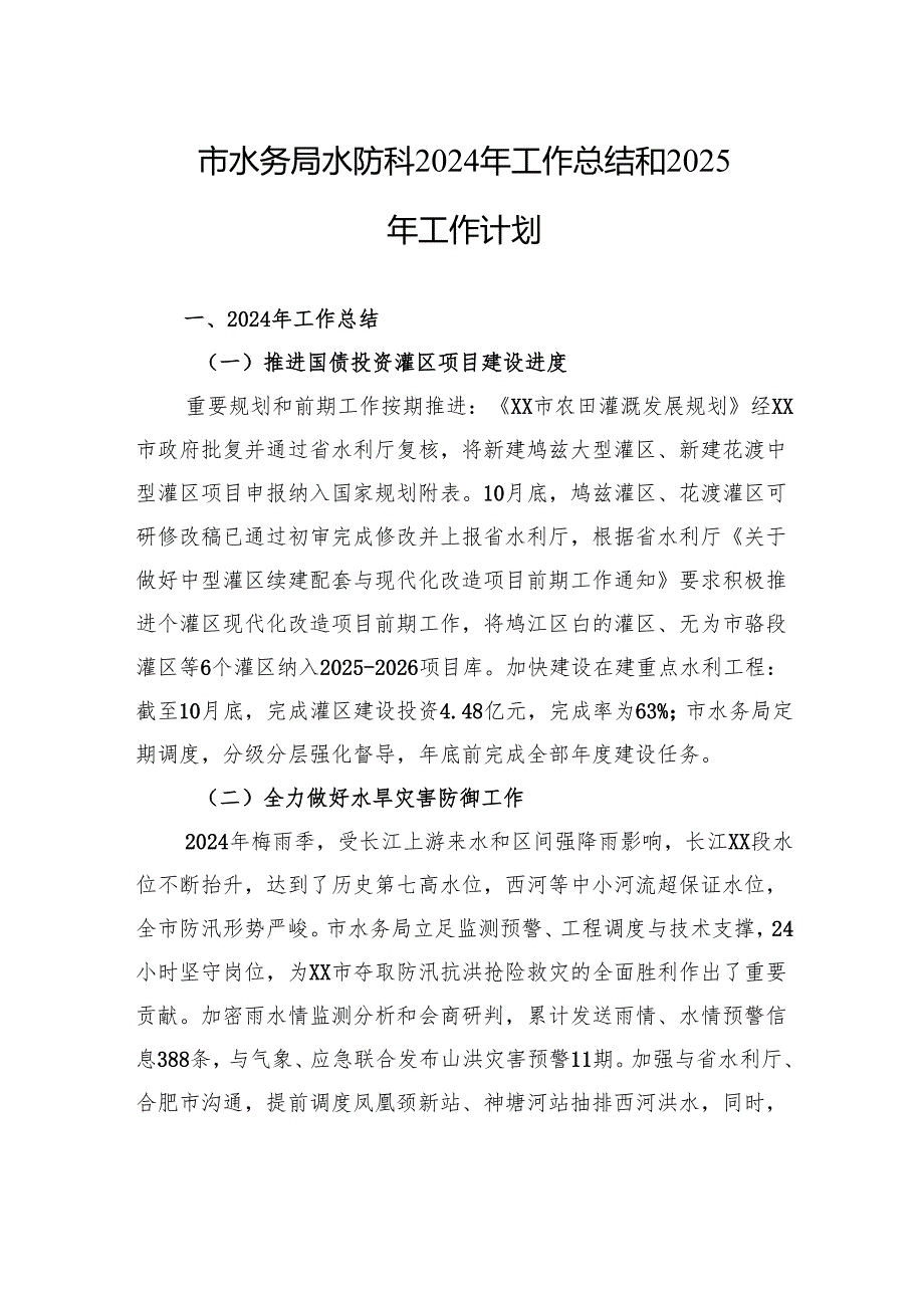 市水务局水防科2024年工作总结和2025年工作计划.docx_第1页