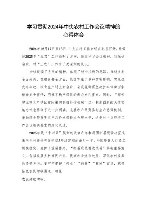 学习贯彻2024年中央农村工作会议精神心得体会发言稿.docx