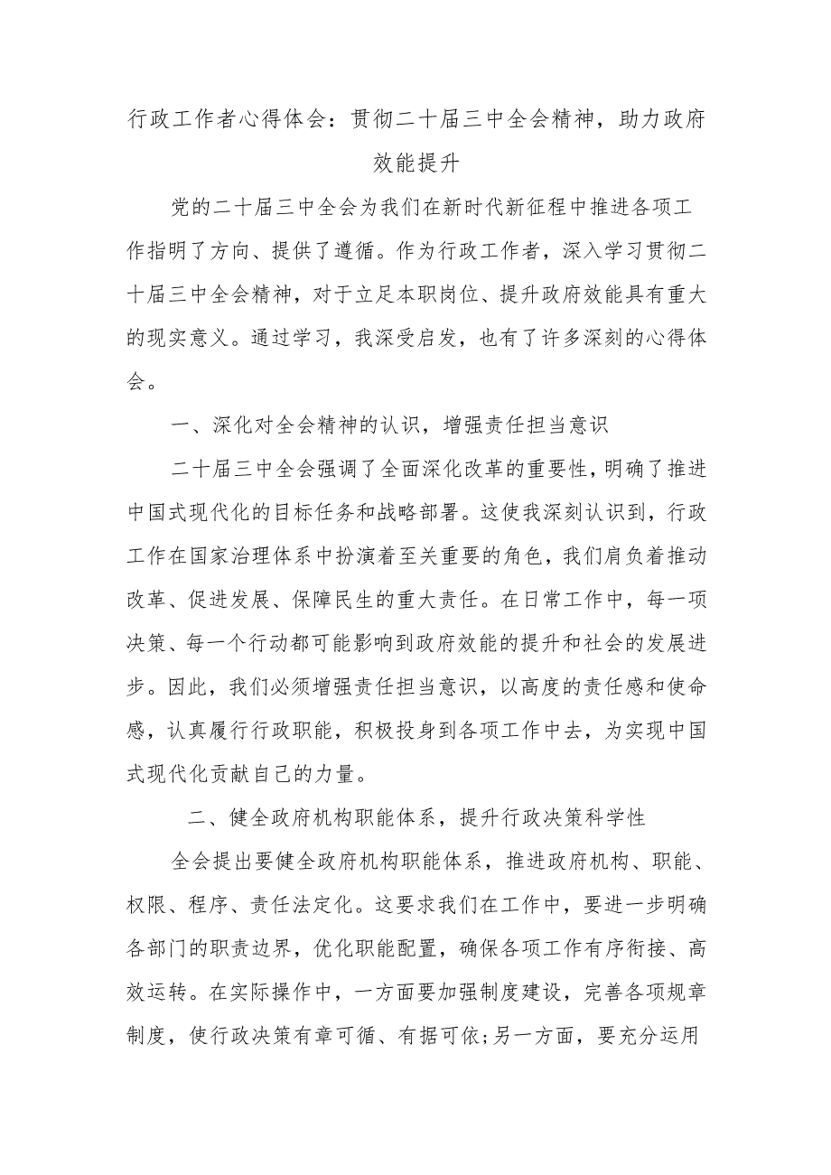 行政工作者心得体会：贯彻二十届三中全会精神助力政府效能提升.docx_第1页