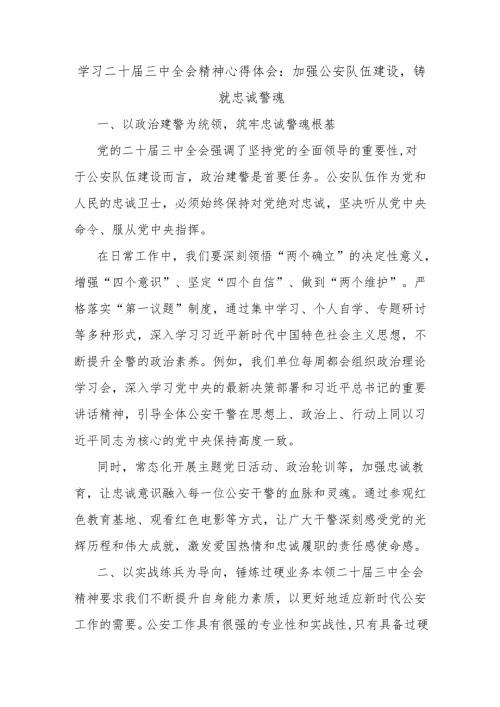 学习二十届三中全会精神心得体会：加强公安队伍建设铸就忠诚警魂.docx