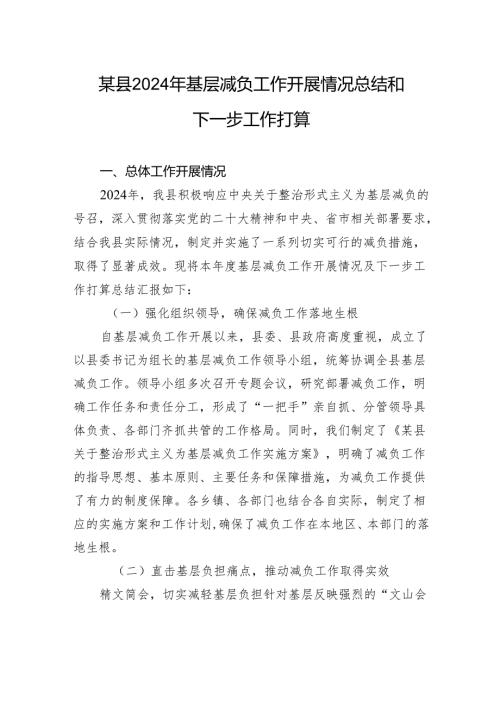 某县2024年基层减负工作开展情况总结和下一步工作打算.docx