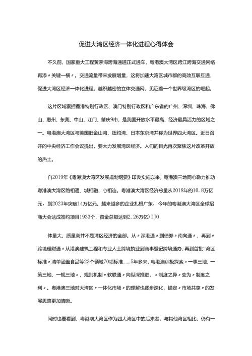 促进大湾区经济一体化进程心得体会.docx