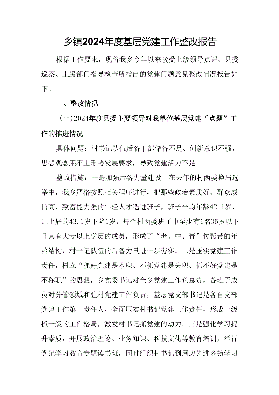 乡镇2024年度基层党建工作整改报告.docx_第1页