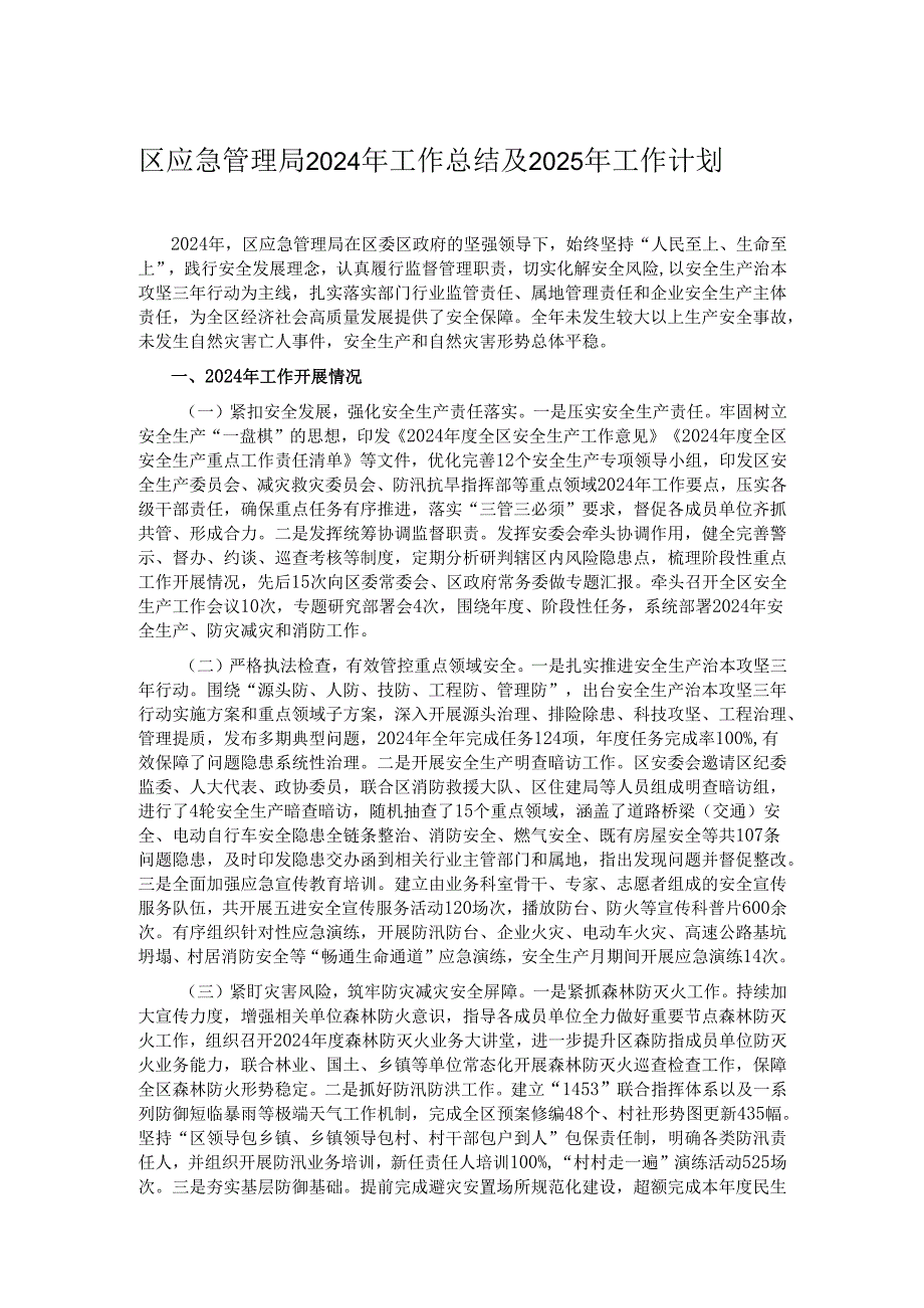 区应急管理局2024年工作总结及2025年工作计划.docx_第1页