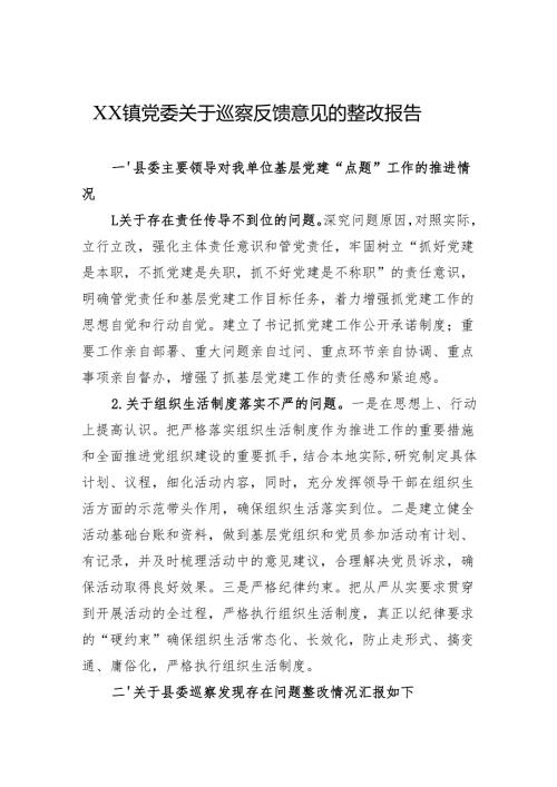 2024年XX镇党委关于巡察反馈意见的整改报告.docx
