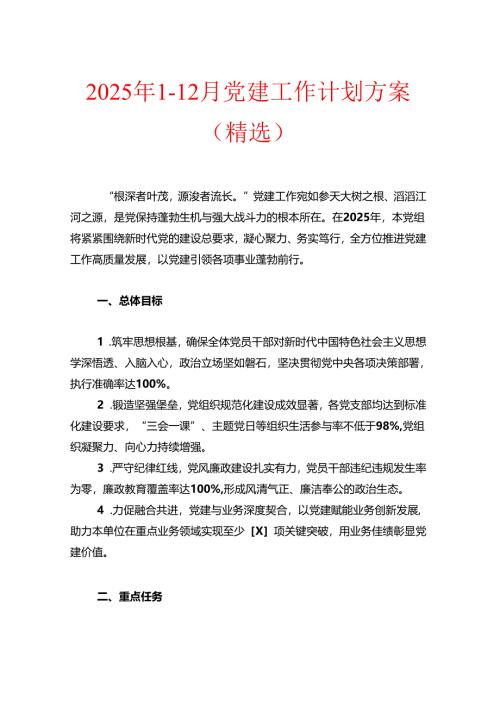 2025年1-12月党建工作计划方案（精选）.docx
